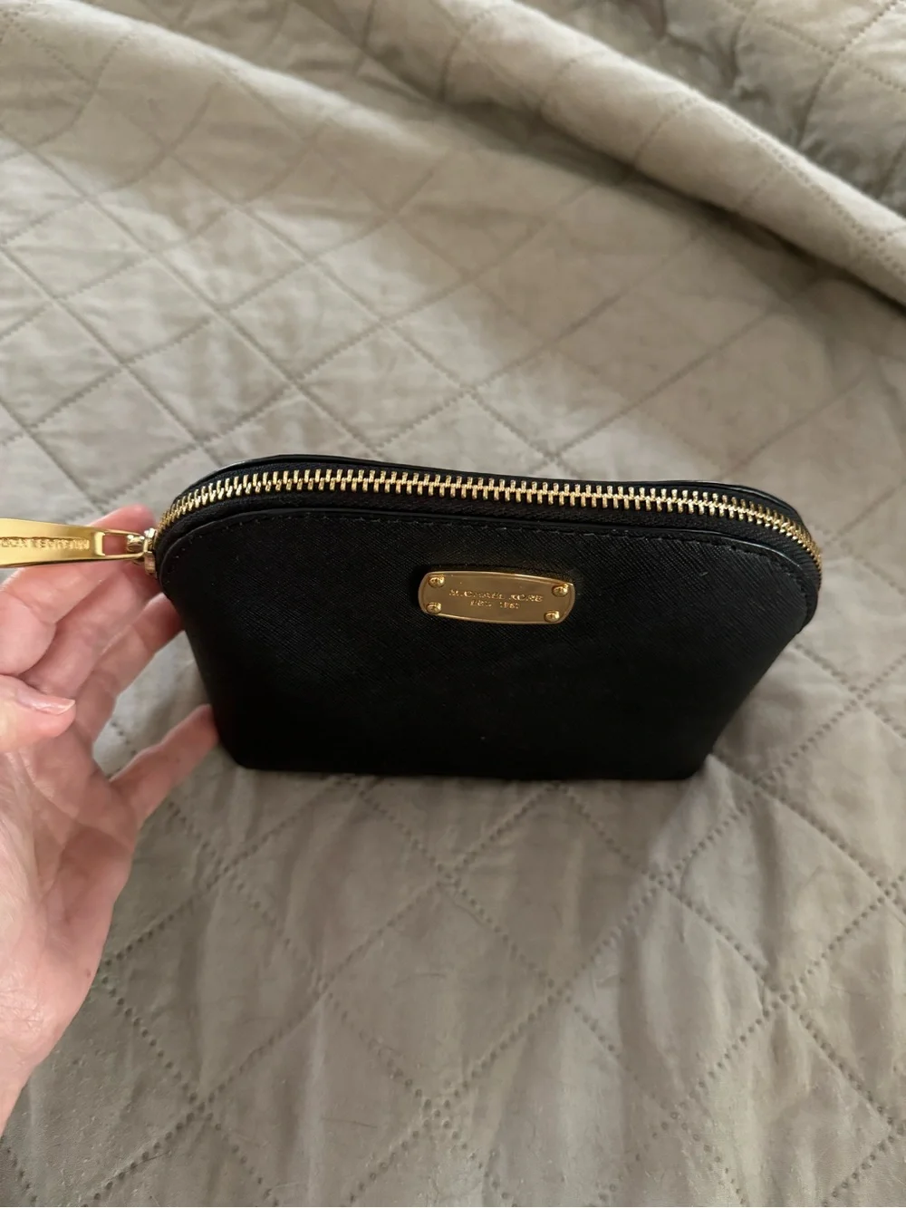 Michael Kors Black Leather Dome Cosmetic Case with Gold Hardware